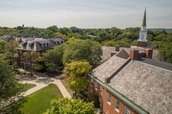 Aerial photo of Chatham University's Shadyside Campus, showing Woodland Hall